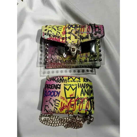 NWOT Clear and Graffiti Crossbody Bag with Studs - Picture 3 of 8